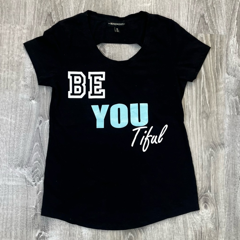 Inspired Hearts Small Black White Blue Beautiful Open Back T-Shirt Top Cotton